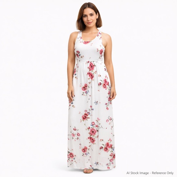 Grecerelle Floral Racerback Maxi Dress Small Ivory Pink Stretchy - Picture 12 of 16